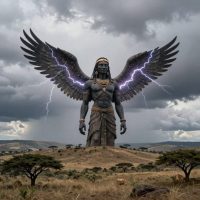 Mythlok - Tororut Tororut, the supreme Kalenjin sky deity, portrayed as a towering humanoid figure with vast luminous wings