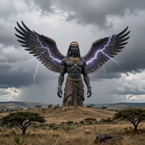 Tororut, the supreme Kalenjin sky deity, portrayed as a towering humanoid figure with vast luminous wings