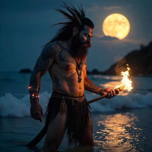 Wolphat : The Trickster Spirit of Ifaluk Wolphat, the Micronesian trickster deity, shown as a tattooed humanoid figure
