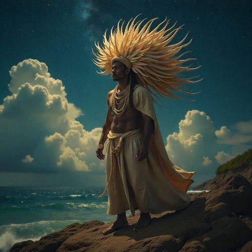 Yanolop, the Yapese sky god, shown as a slightly humanoid ancient celestial being formed from earthen textures