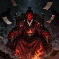 Mythlok - Yeomna Yeomna, the Korean King of the Underworld, seated on an infernal throne.