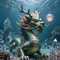 A majestic Korean Dragon King, Yongwang, emerging from an underwater crystal palace.