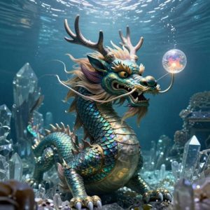 A majestic Korean Dragon King, Yongwang, emerging from an underwater crystal palace.