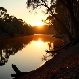 Mythlok - Yorta Yorta_ scene of Yorta Yorta Country along the Murray River at golden hour representing Yorta Yorta mythology