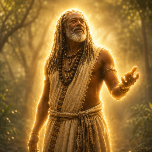 Central African creator god Zamba depicted as luminous presence standing
