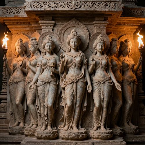 aptamatrika, seven divine mother goddesses seated in a sacred formation inside an ancient Indian stone temple