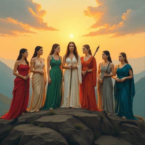 Nine Muses from Greek tradition standing on Mount Helicon at dawn