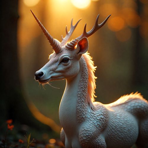 Asian unicorn inspired by the Qilin, blending deer body, dragon scales,