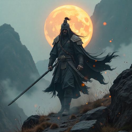 a Korean mythic warrior channeling Charyeok, glowing ethereal energy descending from an ancient god behind them