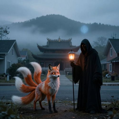 inspired by Korean mythology shows: a mist-covered mountain landscape at twilight, a nine-tailed fox spirit with glowing eyes standing beside a traditional Korean temple