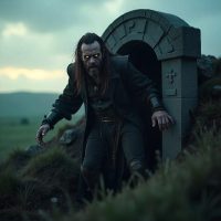 Abhartach, an ancient Irish undead chieftain, short in stature with a twisted, corpse-like face, pale decayed skin