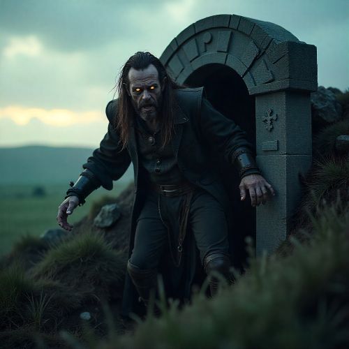 Abhartach, an ancient Irish undead chieftain, short in stature with a twisted, corpse-like face, pale decayed skin