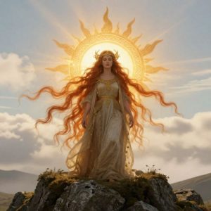 Áine, the Irish goddess of summer, fertility, and sovereignty, appearing as a radiant solar deity