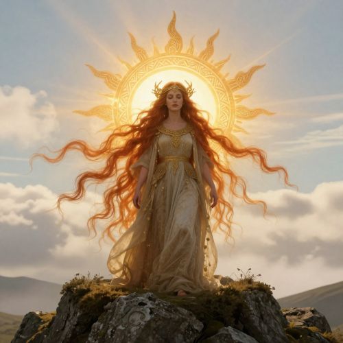 Áine, the Irish goddess of summer, fertility, and sovereignty, appearing as a radiant solar deity