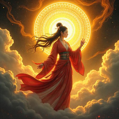 Amaterasu Ōmikami emerging in radiant sunlight, golden aura illuminating the heavens, Three Sacred Treasures floating before her