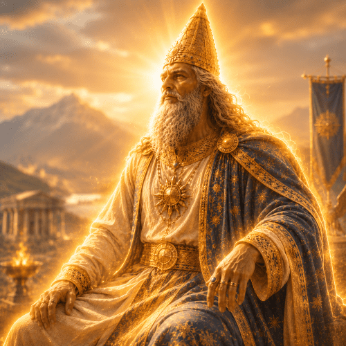 Aramazd, the ancient Armenian creator god, portrayed as a dignified sky-father seated above fertile mountain valleys