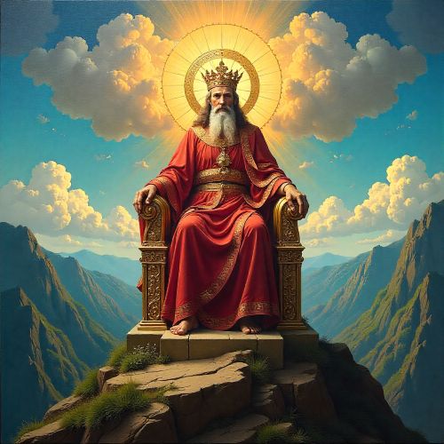 Aramazd, the ancient Armenian creator god, portrayed as a dignified sky-father seated above fertile mountain valleys