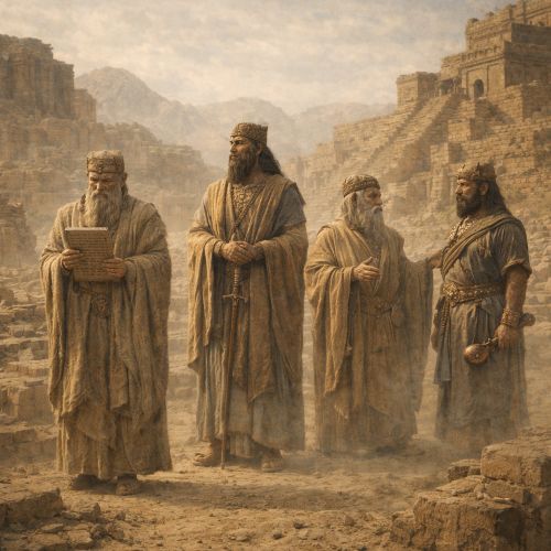 Anunnaki as ancient Mesopotamian gods, towering humanoid figures wearing horned crowns and ornate robes