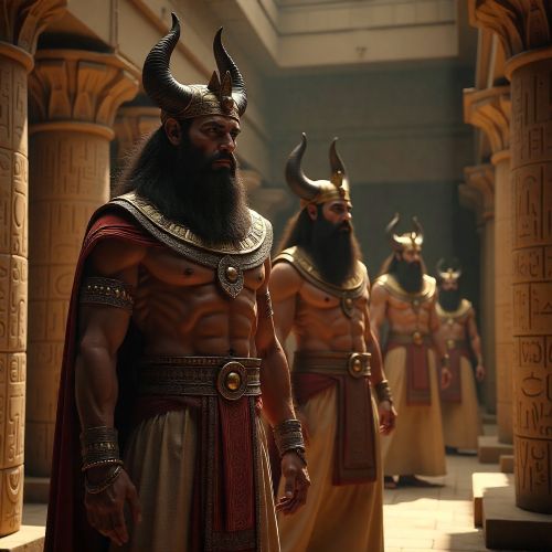 Anunnaki as ancient Mesopotamian gods, towering humanoid figures wearing horned crowns and ornate robes