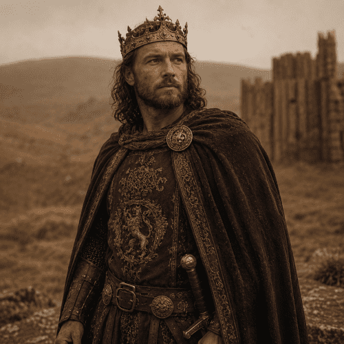 King Arthur standing before Camelot at dawn, wearing a weathered crown