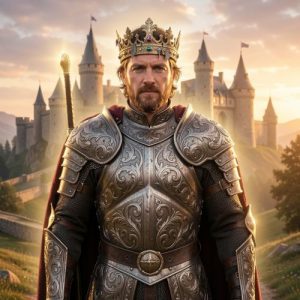 King Arthur standing before Camelot at dawn, wearing a weathered crown