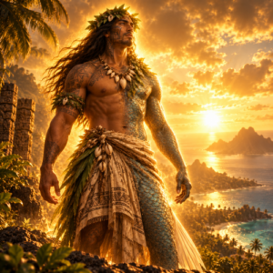 Avatea, the Cook Islands god of light, depicted as a half-human, half-fish deity standing above a tropical island landscape