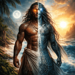 Avatea standing at the boundary of land and ocean, vertically divided form with one half human and the other half fish