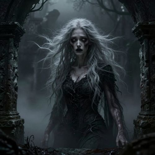 he Banshee from Irish folklore, appearing as a pale, ethereal female spirit with flowing silver-grey hair and sorrowful glowing eyes