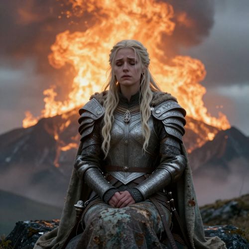 Brynhildr's Curse being implemented with Brynhildr standing before a wall of supernatural fire atop a Nordic mountain