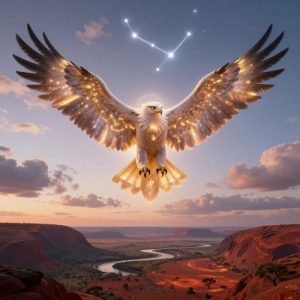 Bundjil, suspended between earth and sky, glowing with a soft celestial aura.