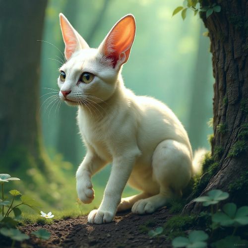 Cabbit, a mythical cat-rabbit hybrid, featuring a feline face and forelegs with elongated rabbit-like hind legs and a short cotton tail