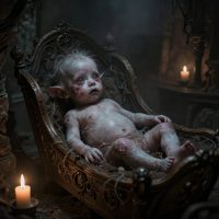 an Irish changeling in a candle-lit stone cottage, a pale infant with unnervingly old eyes lying in a wooden cradle