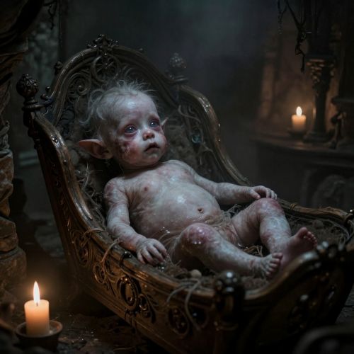 an Irish changeling in a candle-lit stone cottage, a pale infant with unnervingly old eyes lying in a wooden cradle