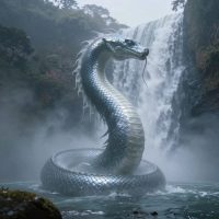 Chishimba, A colossal African water spirit emerging from a mist-shrouded waterfall in northern Zambia