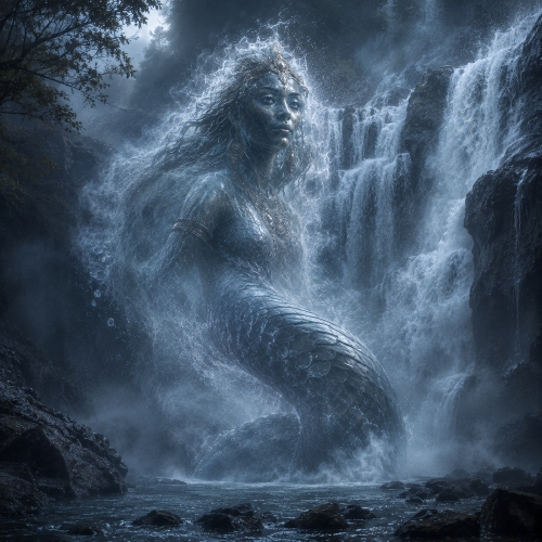 Chishimba, A colossal African water spirit emerging from a mist-shrouded waterfall in northern Zambia
