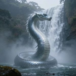 Chishimba, A colossal African water spirit emerging from a mist-shrouded waterfall in northern Zambia