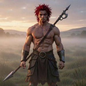 Cú Chulainn standing alone on a mist-covered Irish battlefield at dawn