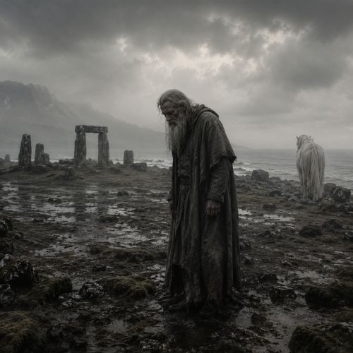 mythic scene symbolising the Curse of T&iacute;r na n&Oacute;g: a single figure caught between two worlds