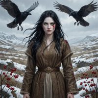 Deirdre of the Sorrows from Irish legend, standing in a windswept Celtic landscape