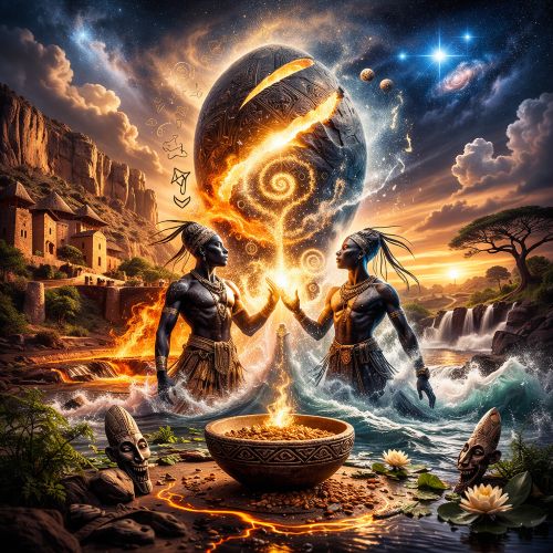 Dogon creation story showing a luminous cosmic egg spiraling open in deep space, radiating symbols and elemental forces