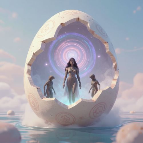 Dogon creation story showing a luminous cosmic egg spiraling open in deep space