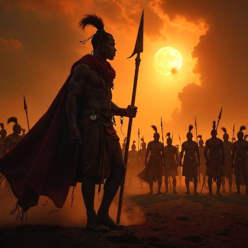 Sundiata Keita standing before the Battle of Kirina, West African savannah at dawn in the Epic of Sundiata