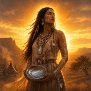 Esdzanadehe, the First Woman of Apache tradition, standing at sunrise in a desert-mountain landscape