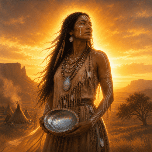 Esdzanadehe, the First Woman of Apache tradition, standing at sunrise in a desert-mountain landscape