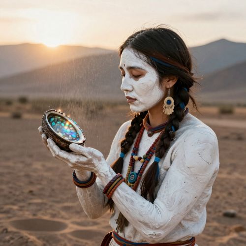 Esdzanadehe, the First Woman of Apache tradition, standing at sunrise in a desert-mountain landscape