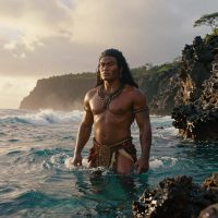 Fao, the Niuean god of humans, emerging from the South Pacific reef at dawn.