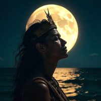 Fati, the Tahitian moon deity, standing beneath a vast Polynesian night sky.