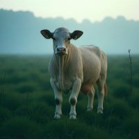 Glas Gaibhnenn, the legendary cow of Irish tradition, standing in an otherworldly Celtic landscape.