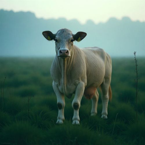 Glas Gaibhnenn, the legendary cow of Irish tradition, standing in an otherworldly Celtic landscape.