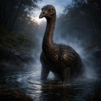 Gowargay from Murri mythology, a colossal featherless emu-like ancestral spirit emerging from a dark Australian waterhole at twilight